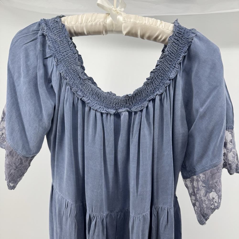 Umgee USA Blue Boho Peasant Blouse Top Lace Trim Short Sleeve Women's L Coquette - Picture 3 of 7